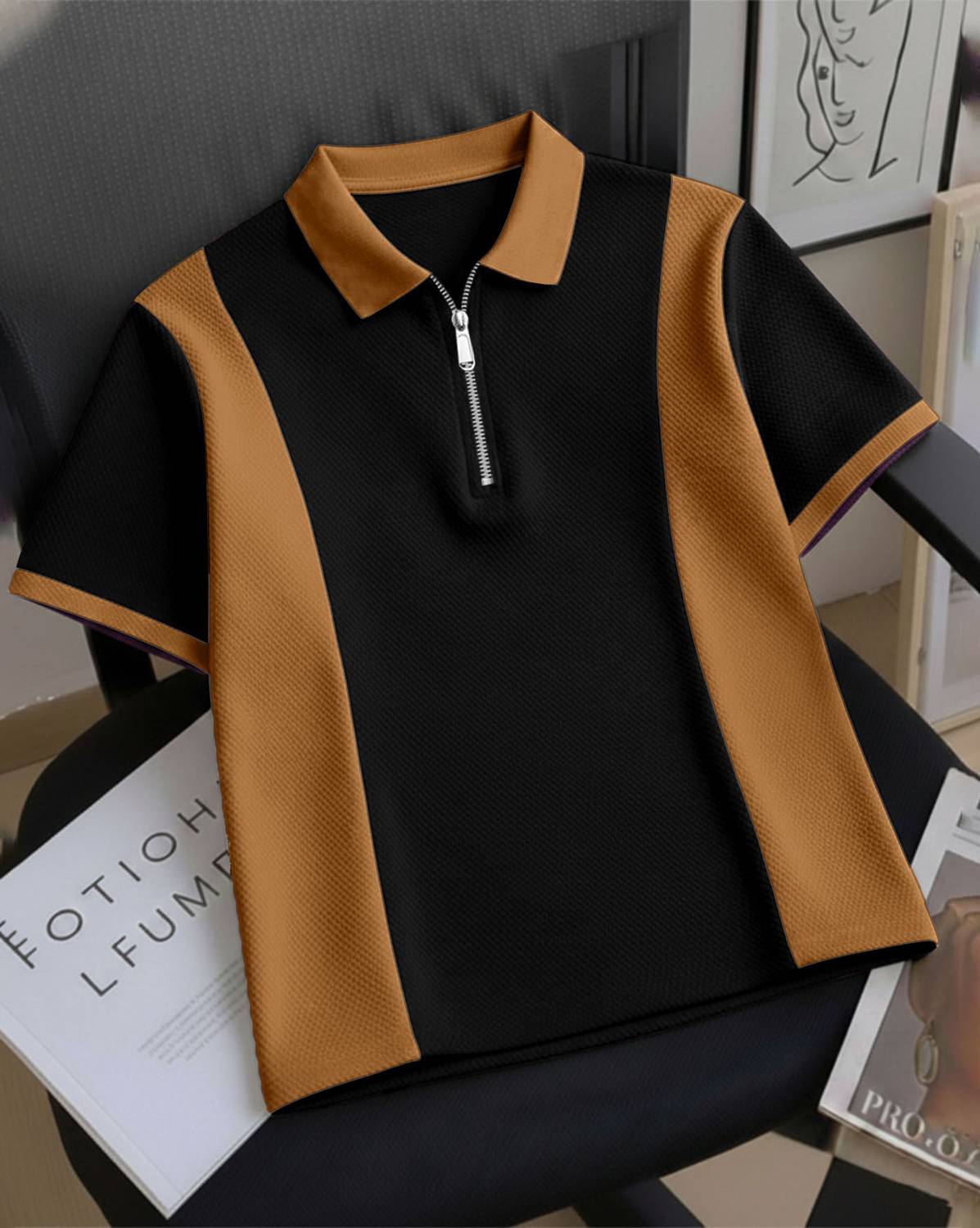 AUSK Colorblock Men Polo Neck Black, Brown T-Shirt