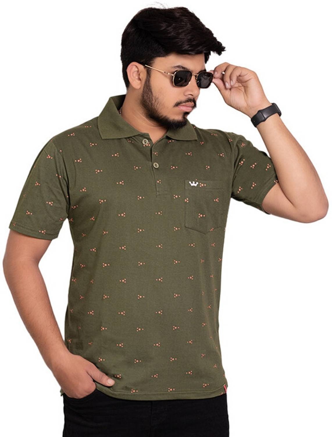 Onestar Men Printed Polo Neck Cotton Blend Dark Green T-Shirt