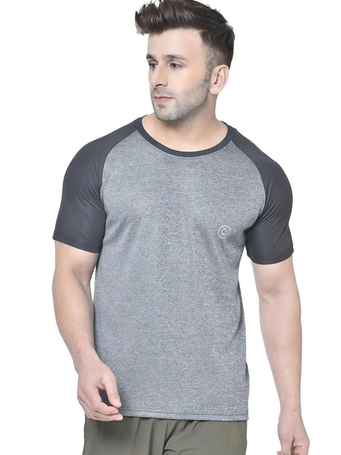 Image of CHKOKKO Colorblock Men Round Neck Black, Grey T-Shirt