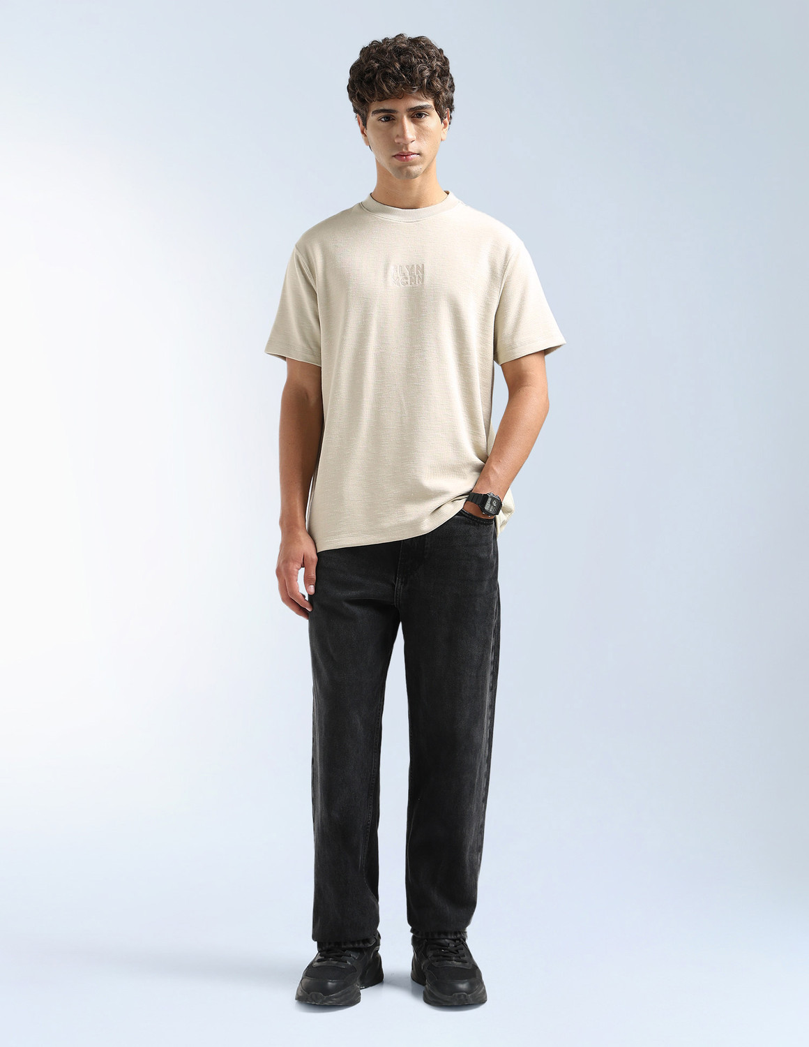 Image of FLYING MACHINE Solid Men Crew Neck Beige T-Shirt