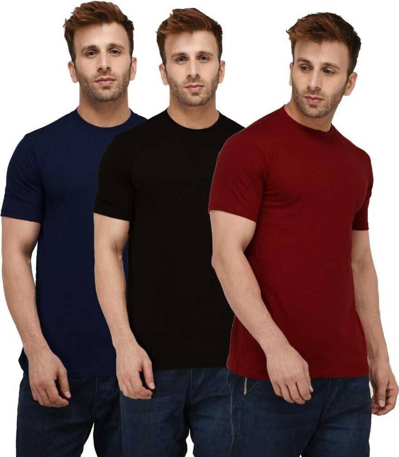INKKR Pack of 3 Men Solid Round Neck Cotton Blend Dark Blue, Maro