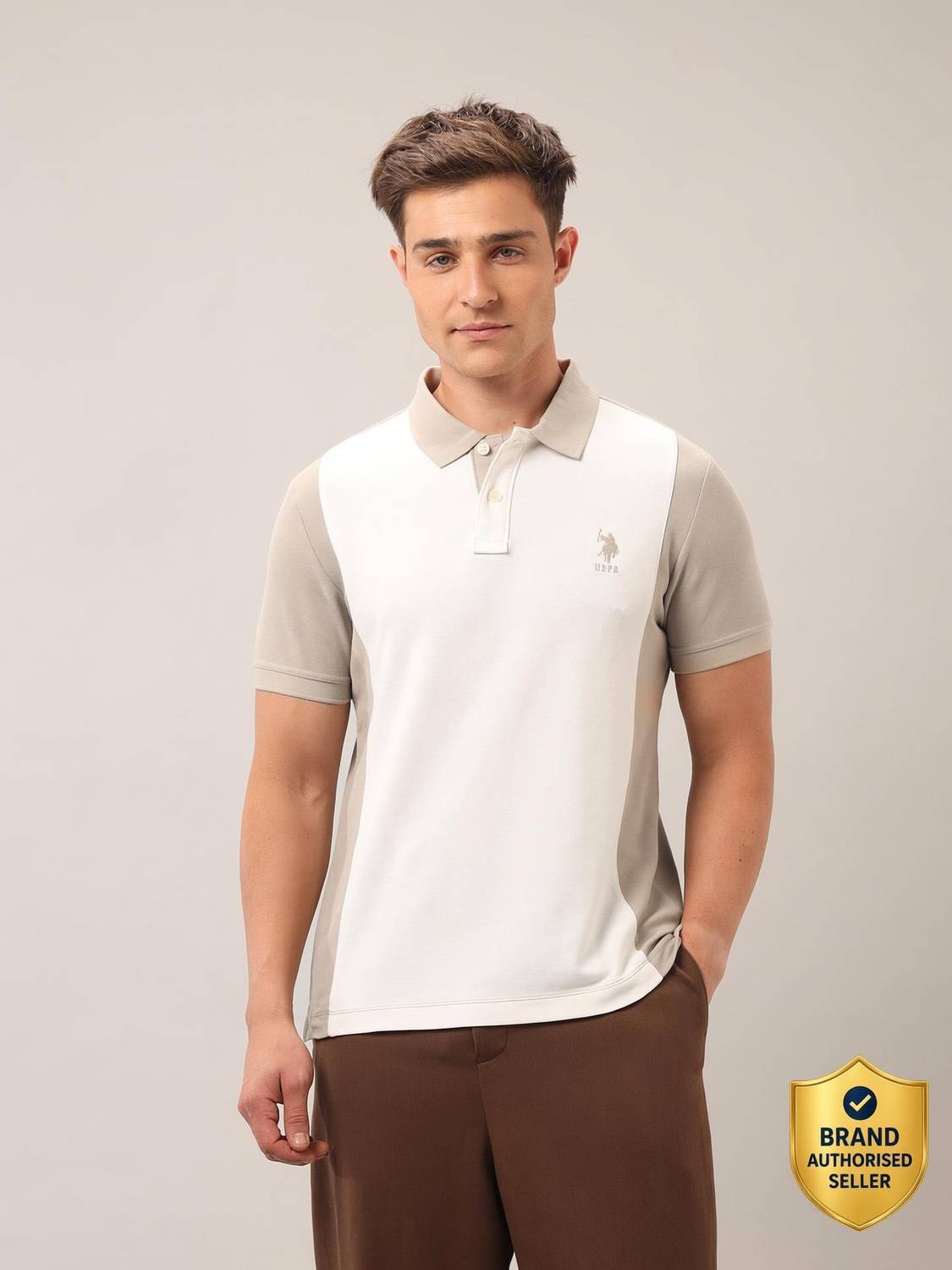U.S. POLO ASSN. Men Colorblock Polo Neck Pure Cotton Beige T-Shirt - Image 1