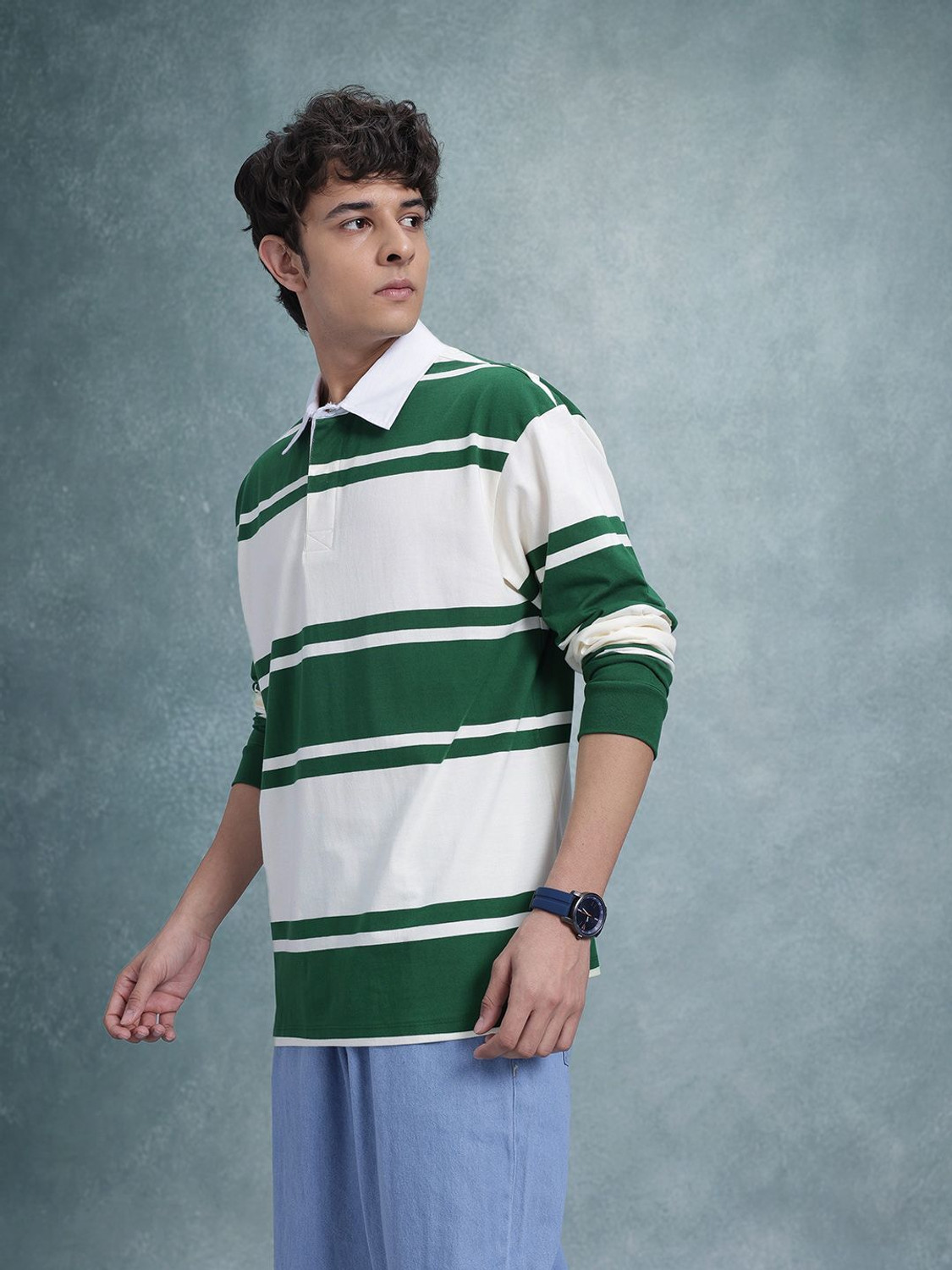 Image of Roadster Striped Men Polo Neck Green T-Shirt