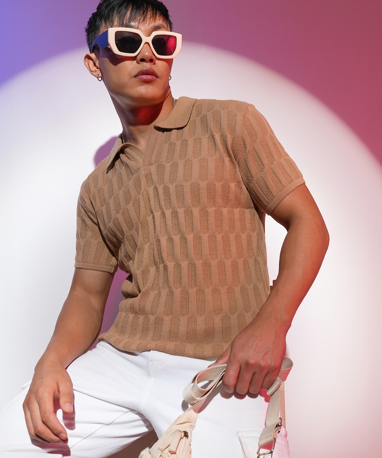 Image of CAHOOT Self Design Men Polo Neck Brown T-Shirt