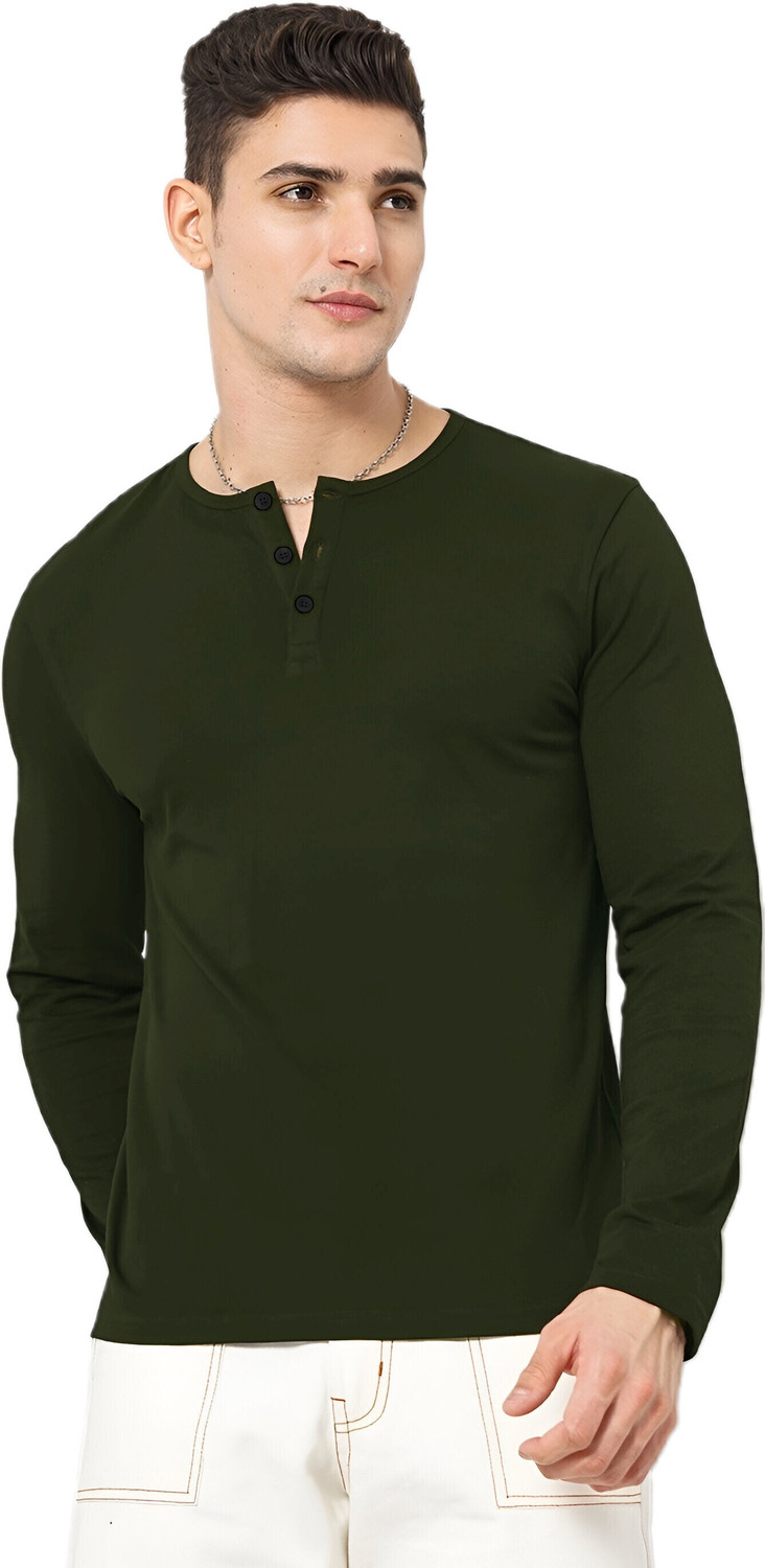 Image of LazyChunks Solid Men Henley Neck Dark Green T-Shirt