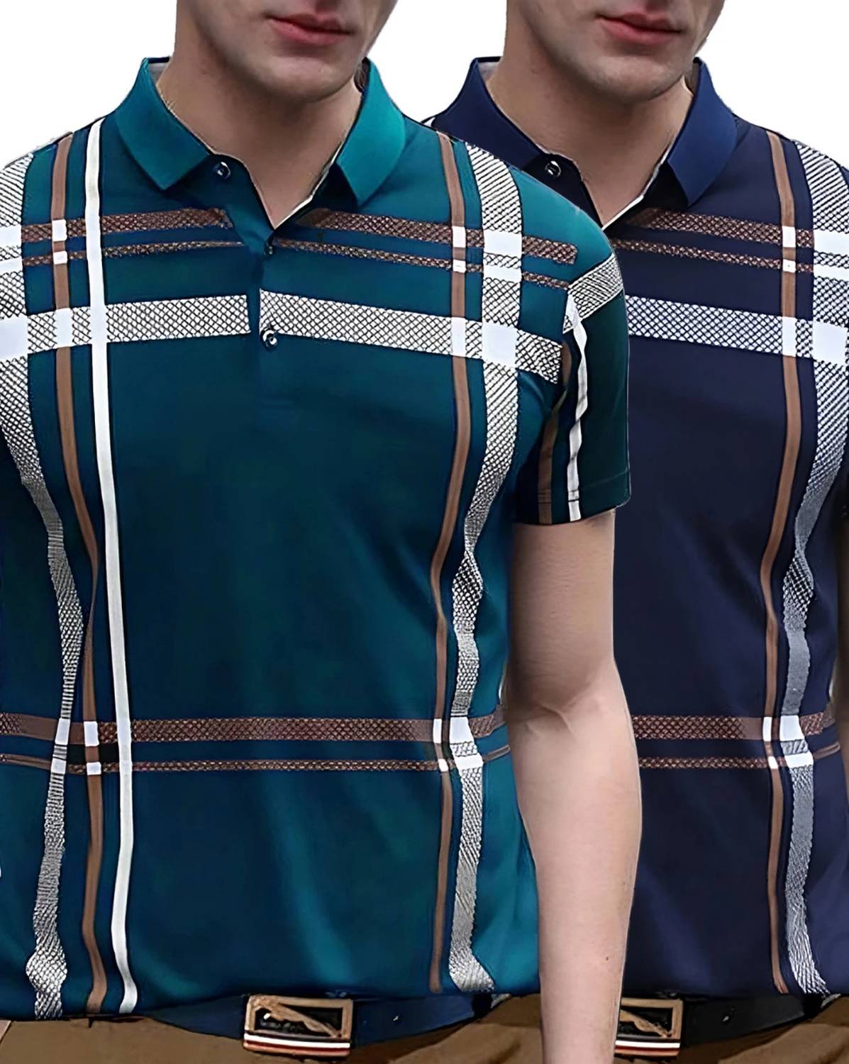 AUSK Pack of 2 Men Checkered Polo Neck Cotton Blend Multicolor T-