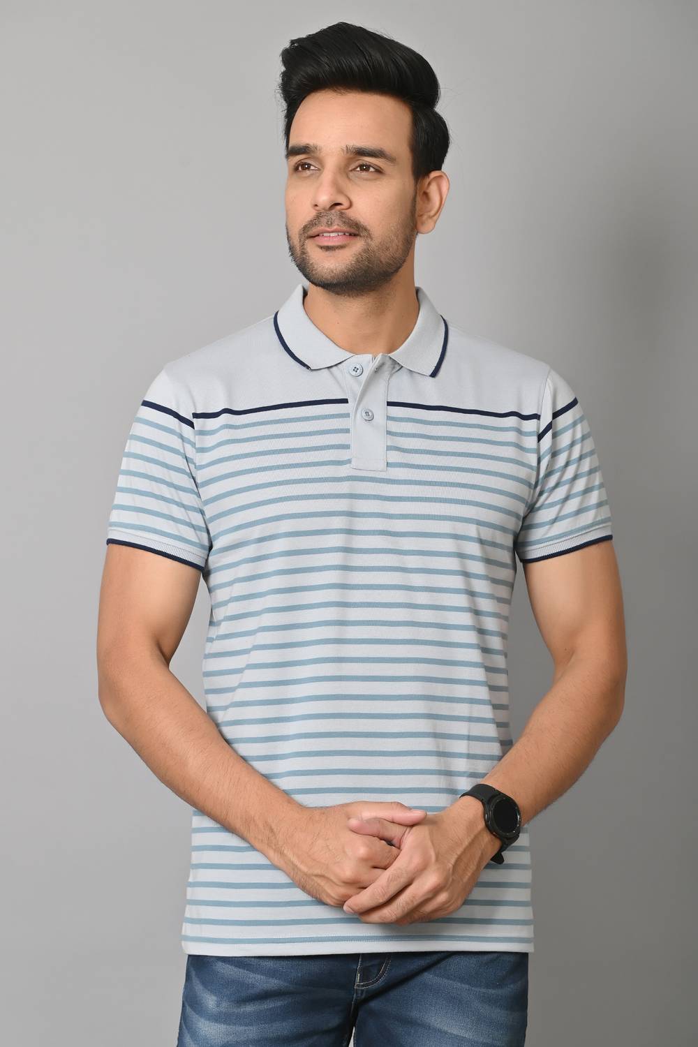 Arbour Striped Men Polo Neck Light Blue T-Shirt