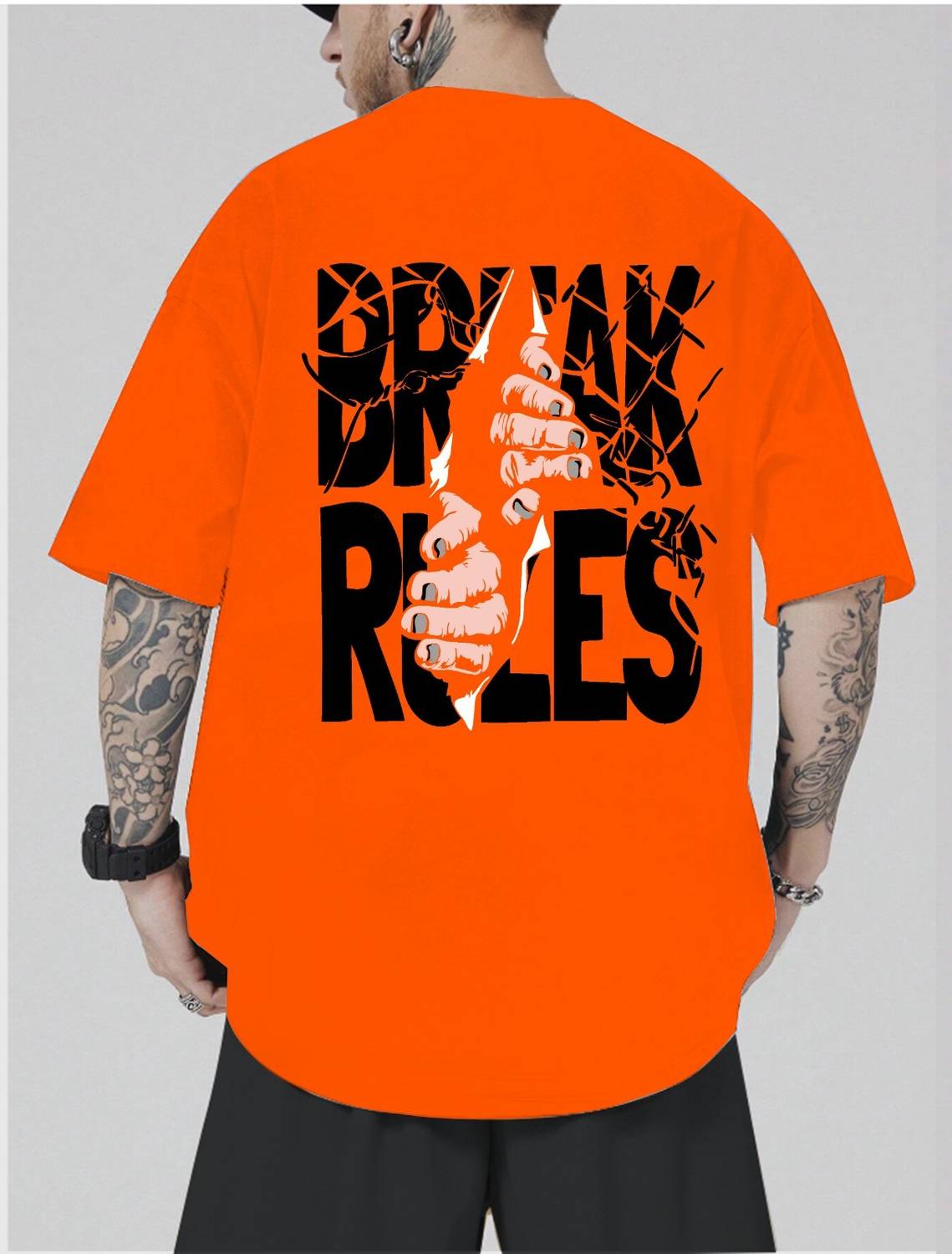 TB Blue Men Printed, Typography Round Neck Pure Cotton Orange T-S