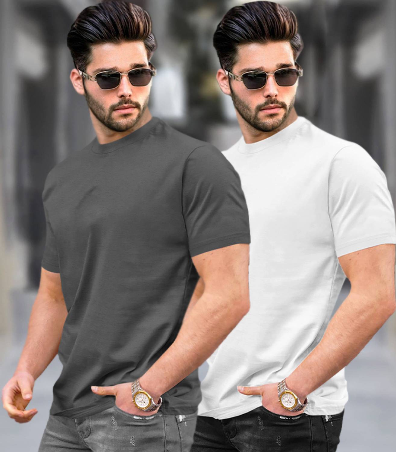 TRIPR Pack of 2 Men Solid Round Neck Cotton Blend Grey, White T-S