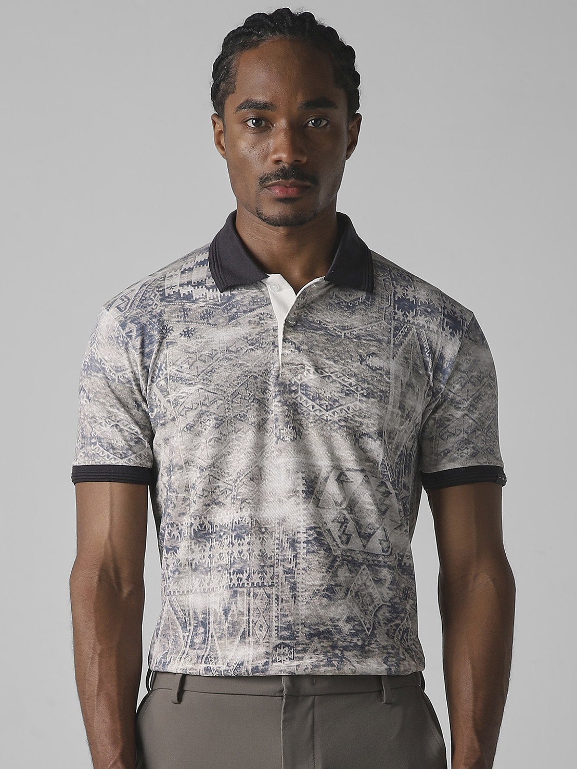 Image of MUFTI Printed Men Polo Neck Beige T-Shirt