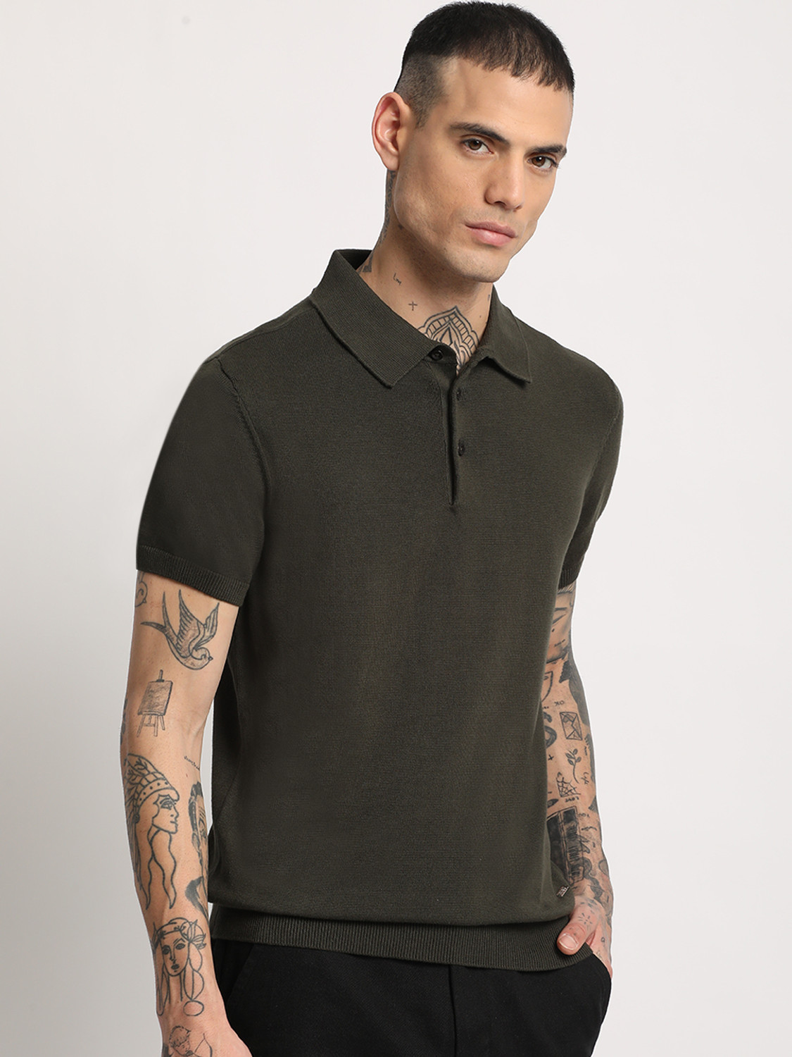 Image of THE BEAR HOUSE Solid Men Polo Neck Dark Green T-Shirt