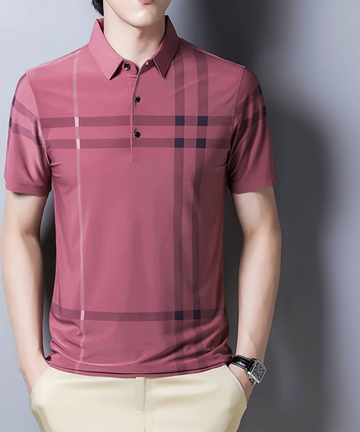 AUSK Men Striped Polo Neck Cotton Blend Pink, Maroon T-Shirt