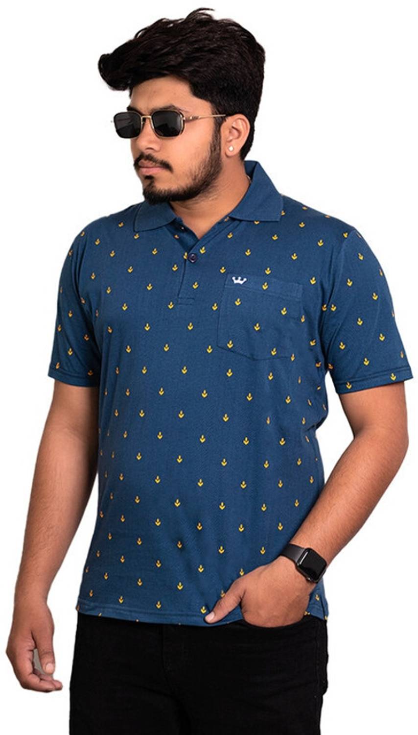 Onestar Men Printed Polo Neck Cotton Blend Dark Blue T-Shirt