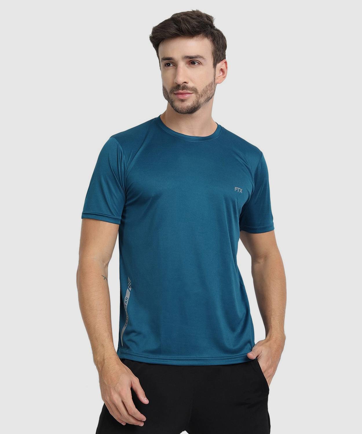 FTX Men Solid Round Neck Polyester Dark Blue T-Shirt