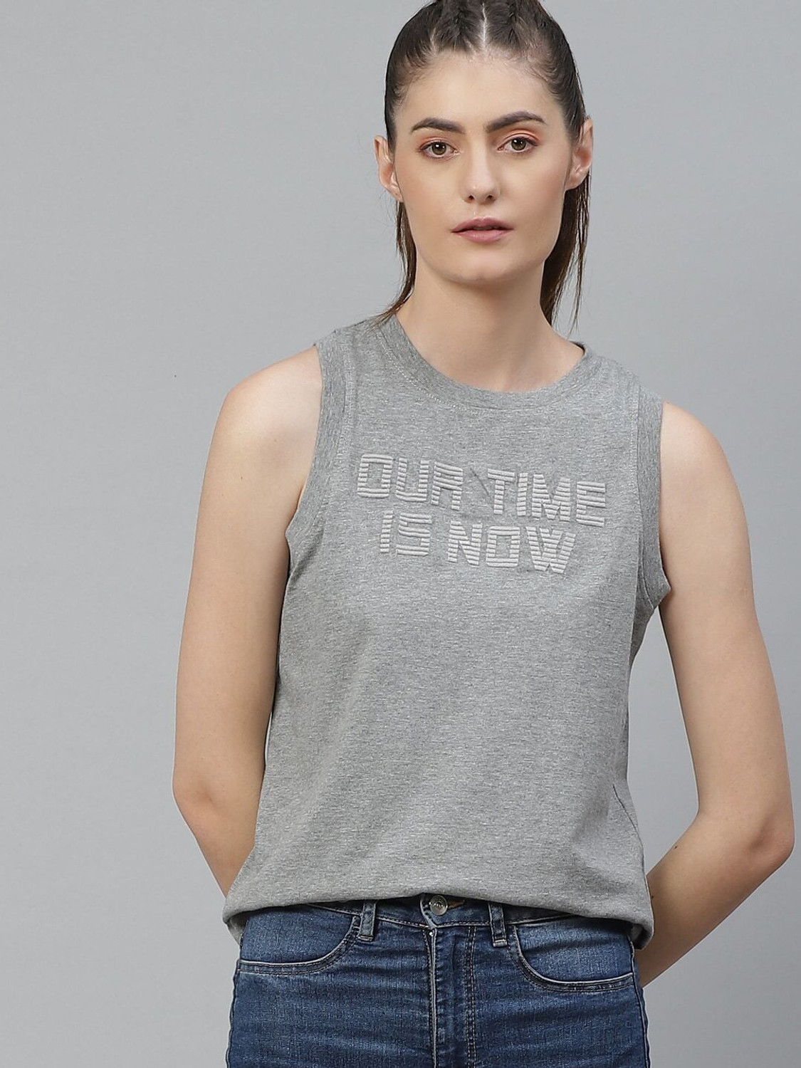 Image of Roadster Printed Women Round Neck Grey T-Shirt