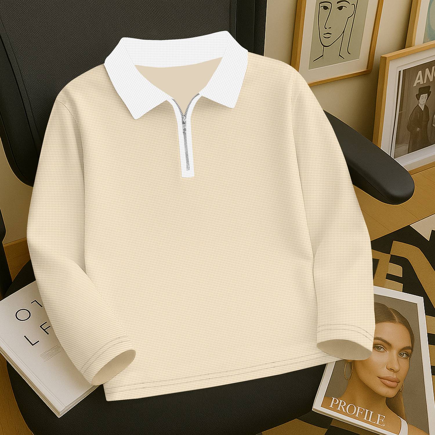 KAJARU Men Solid Zip Neck Cotton Blend Beige T-Shirt