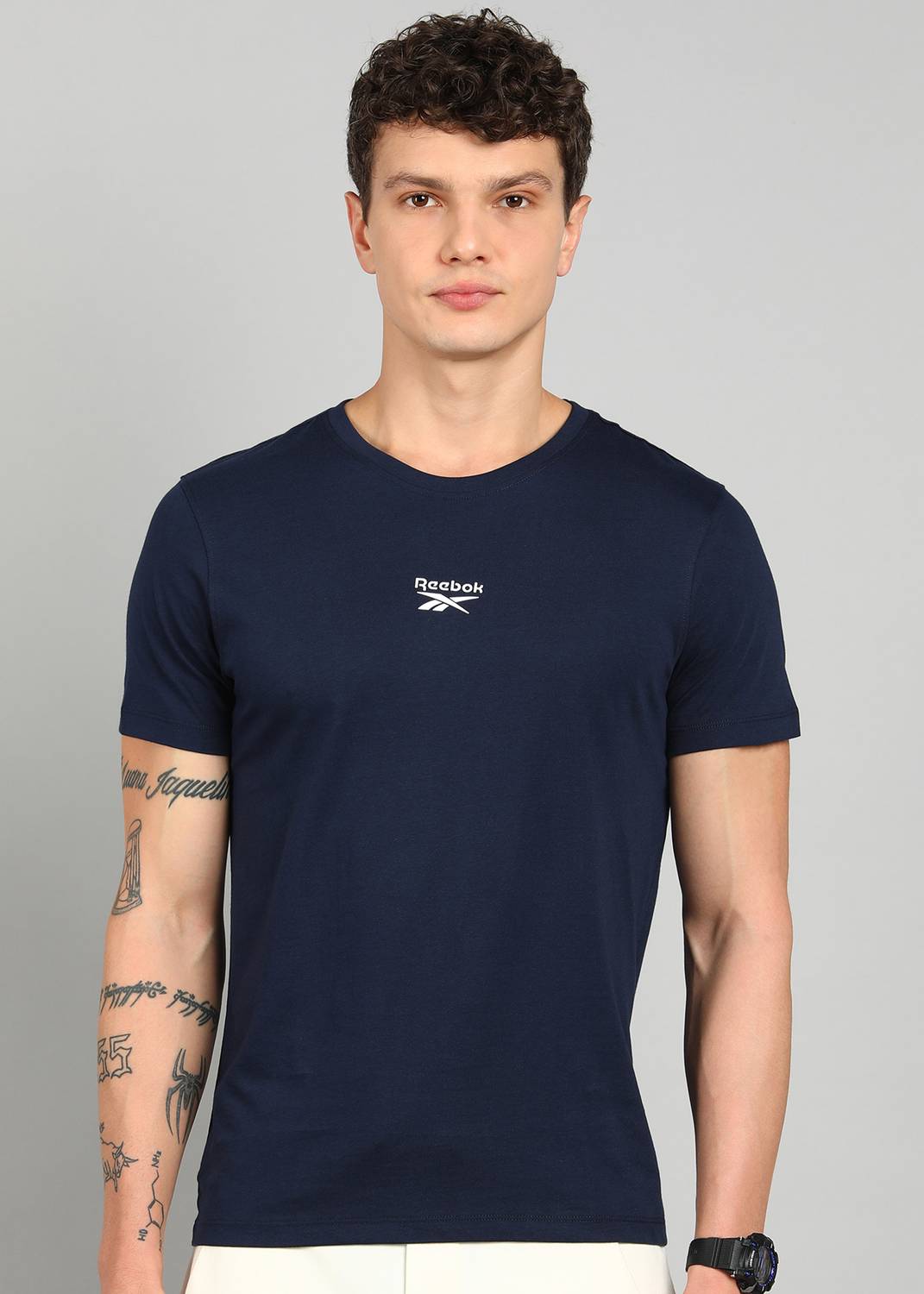 REEBOK Men Solid Round Neck Cotton Blend Navy Blue T-Shirt