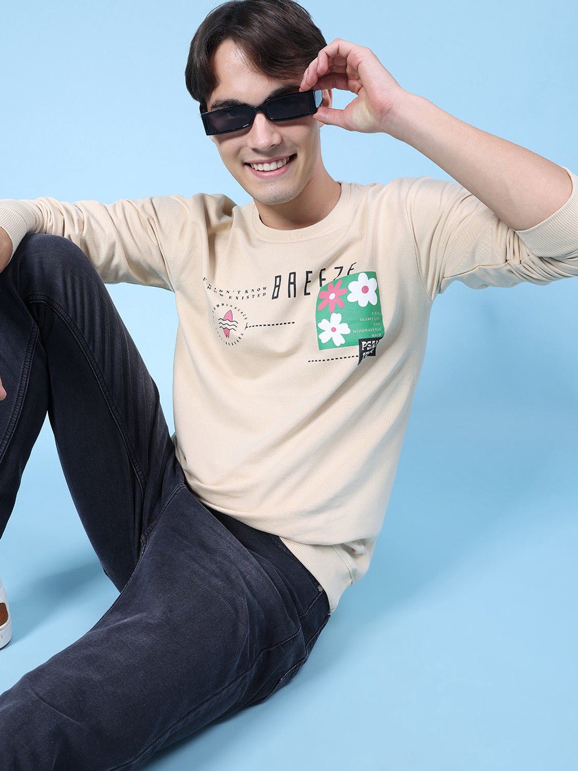 Image of V-MART Printed Men Round Neck Beige T-Shirt