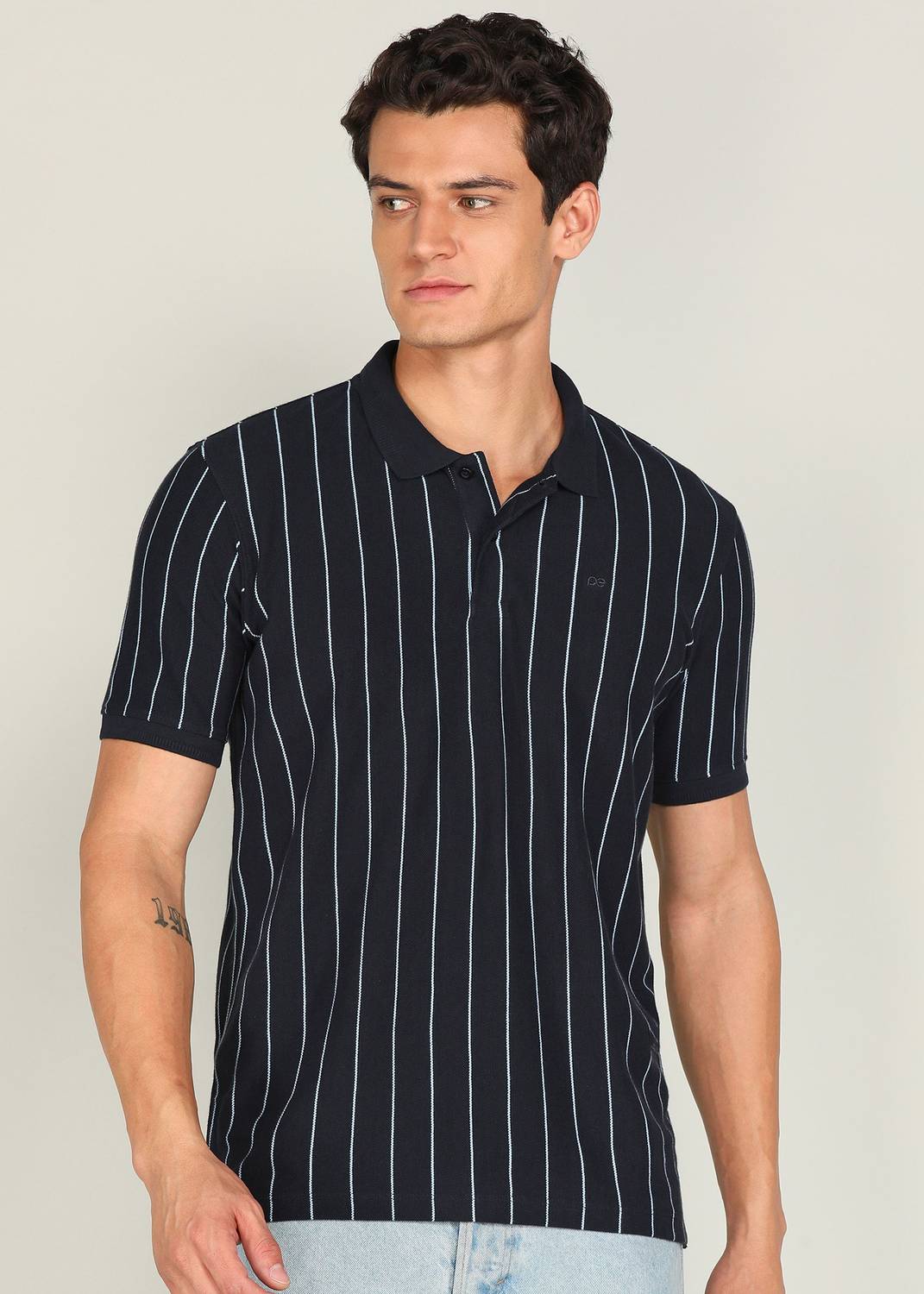 PETER ENGLAND Men Striped Polo Neck Polycotton Dark Blue T-Shirt