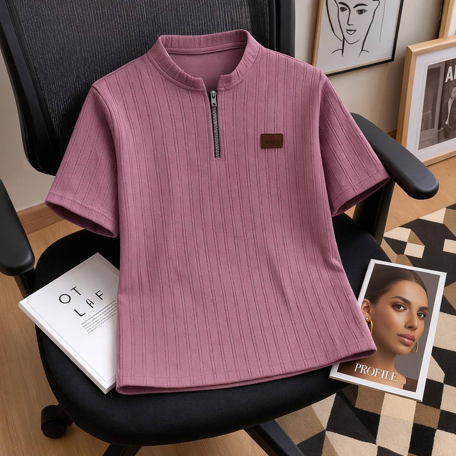 PRAIZY Men Pink Zip Neck T-Shirt - Image 1