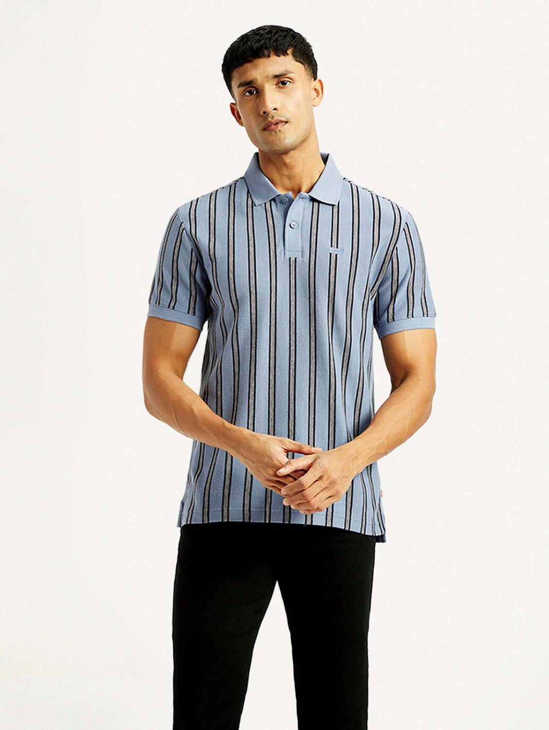 LEVI'S Men Striped Polo Neck Pure Cotton Light Blue T-Shirt