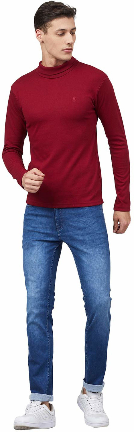 Image of CHKOKKO Solid Men High Neck Maroon T-Shirt