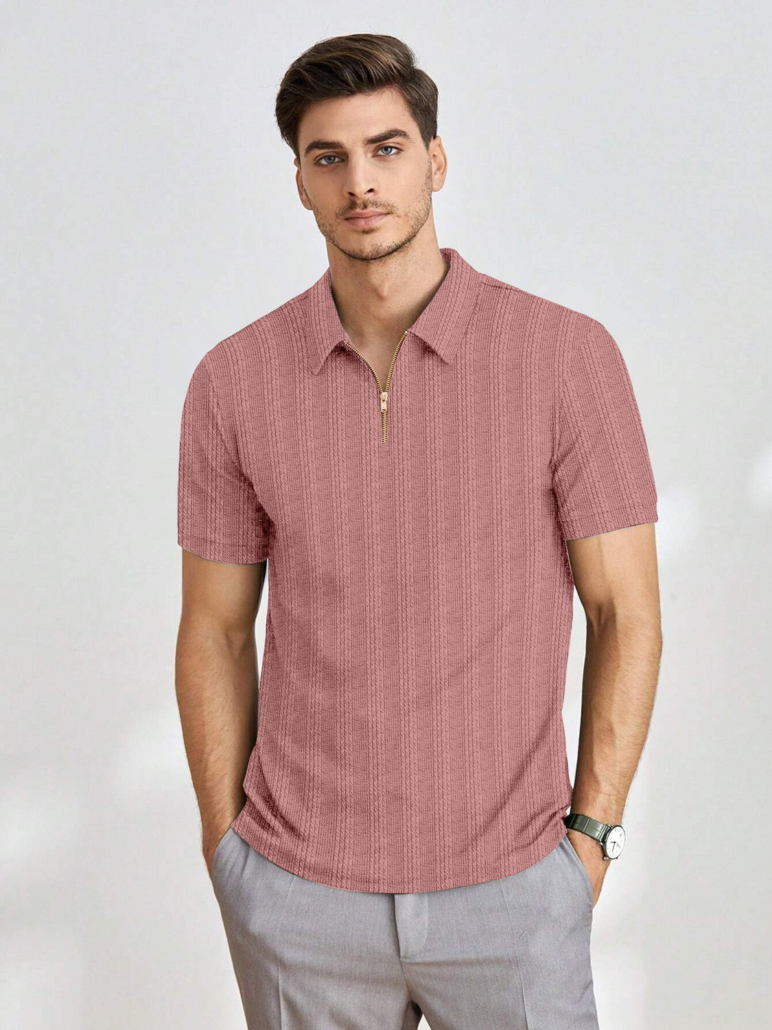 Image of COMBRAIDED Striped Men Zip Neck Pink T-Shirt