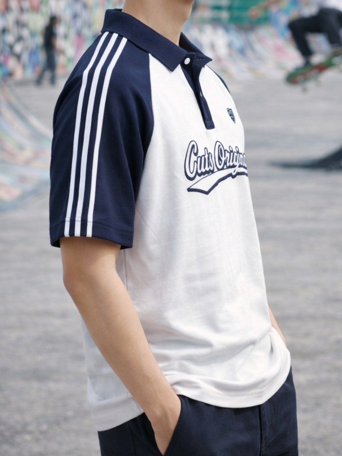 Image of Jump Cuts Printed Men Polo Neck White, Dark Blue T-Shirt
