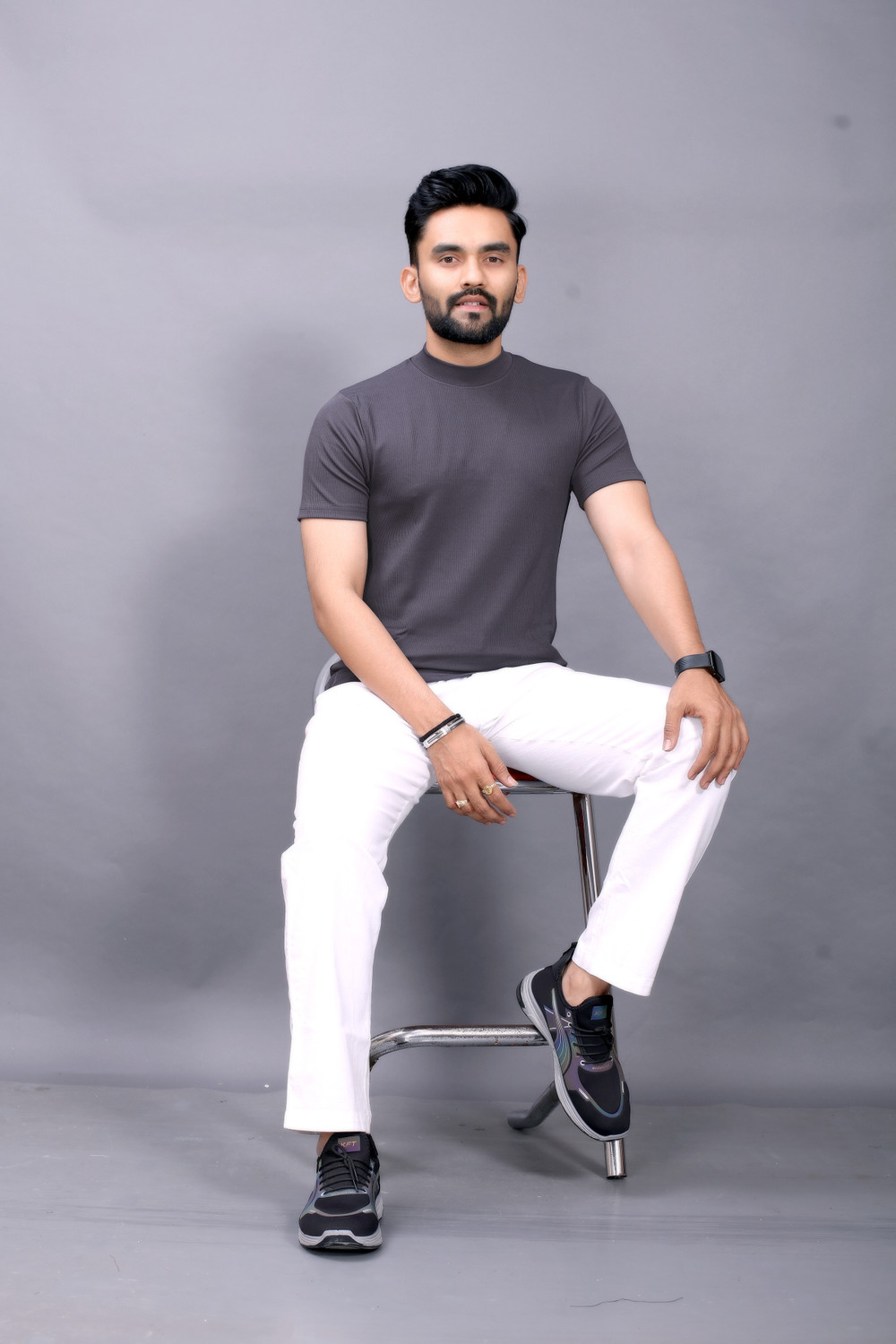 Image of DBAX Solid Men Turtle Neck Grey T-Shirt