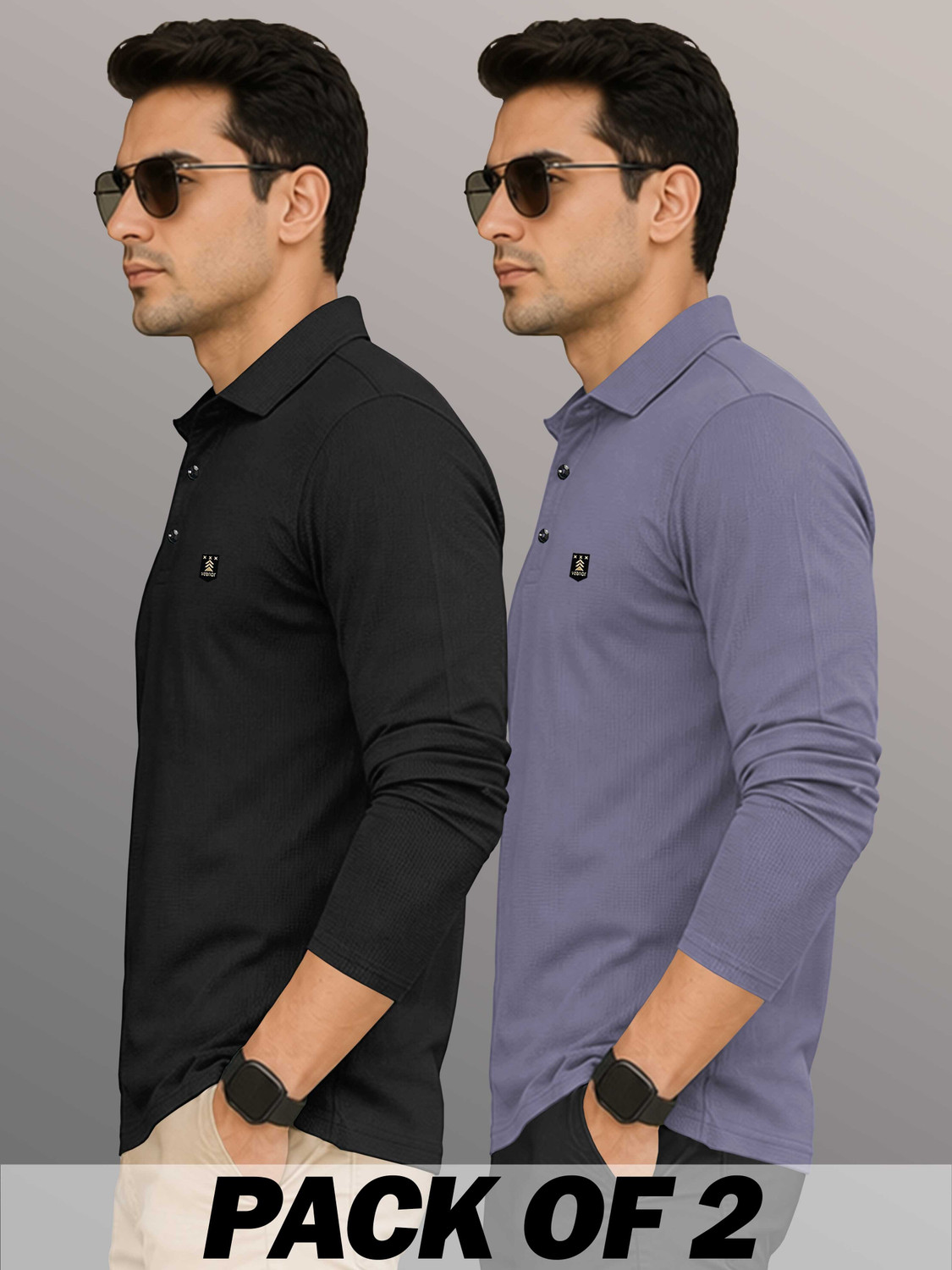 Image of VeBNoR Self Design Men Polo Neck Black, Grey T-Shirt