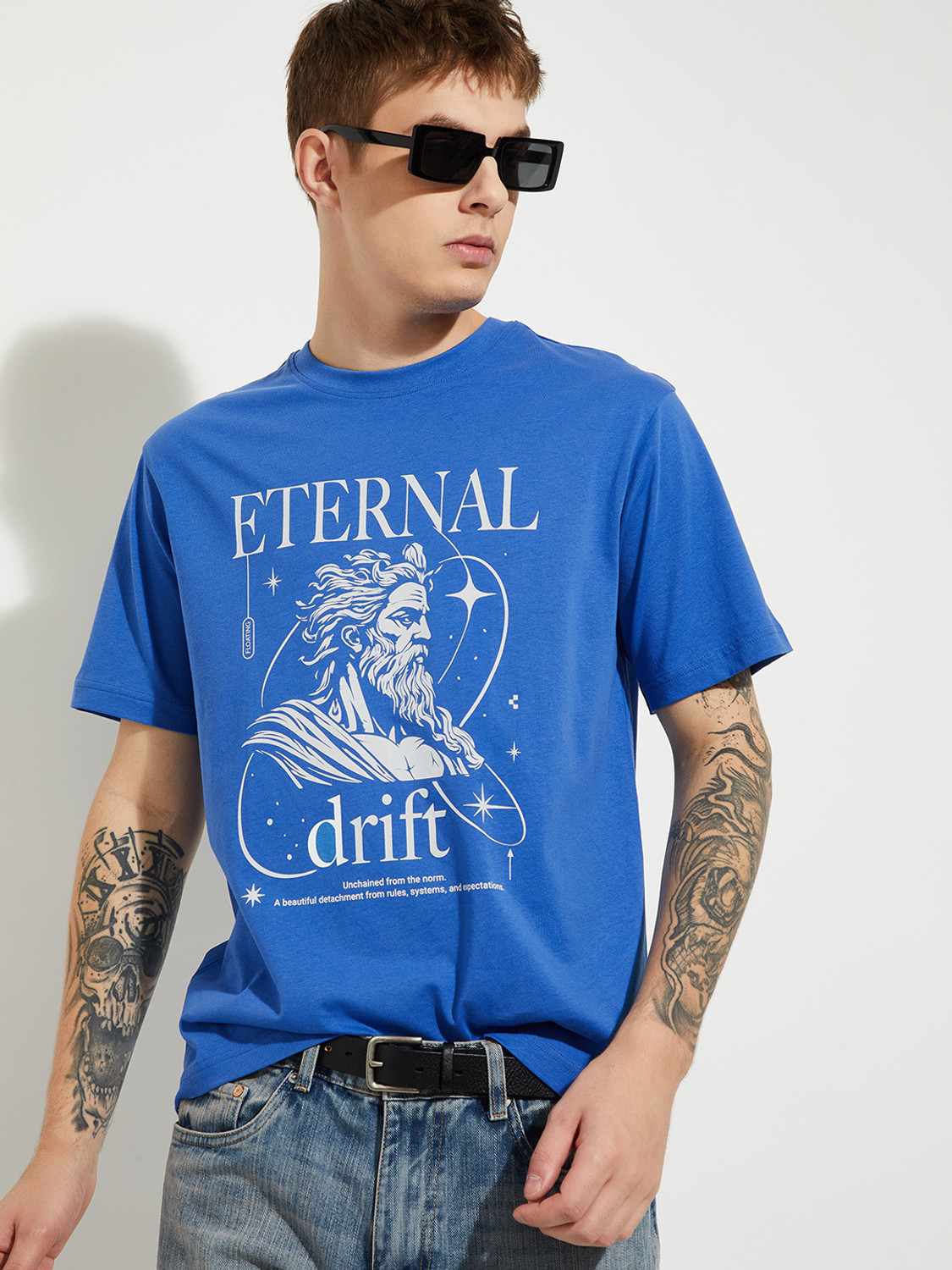 Image of MAX Printed Men Round Neck Blue T-Shirt