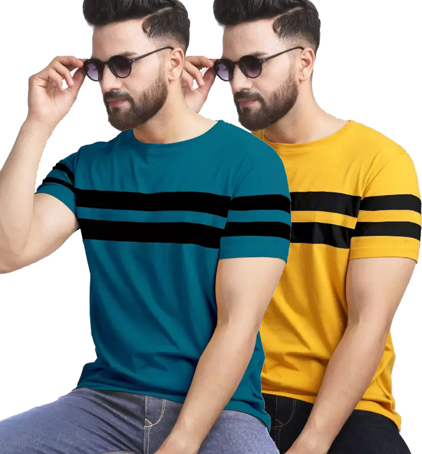 Image of R RIDACHY Striped Men Round Neck Yellow T-Shirt