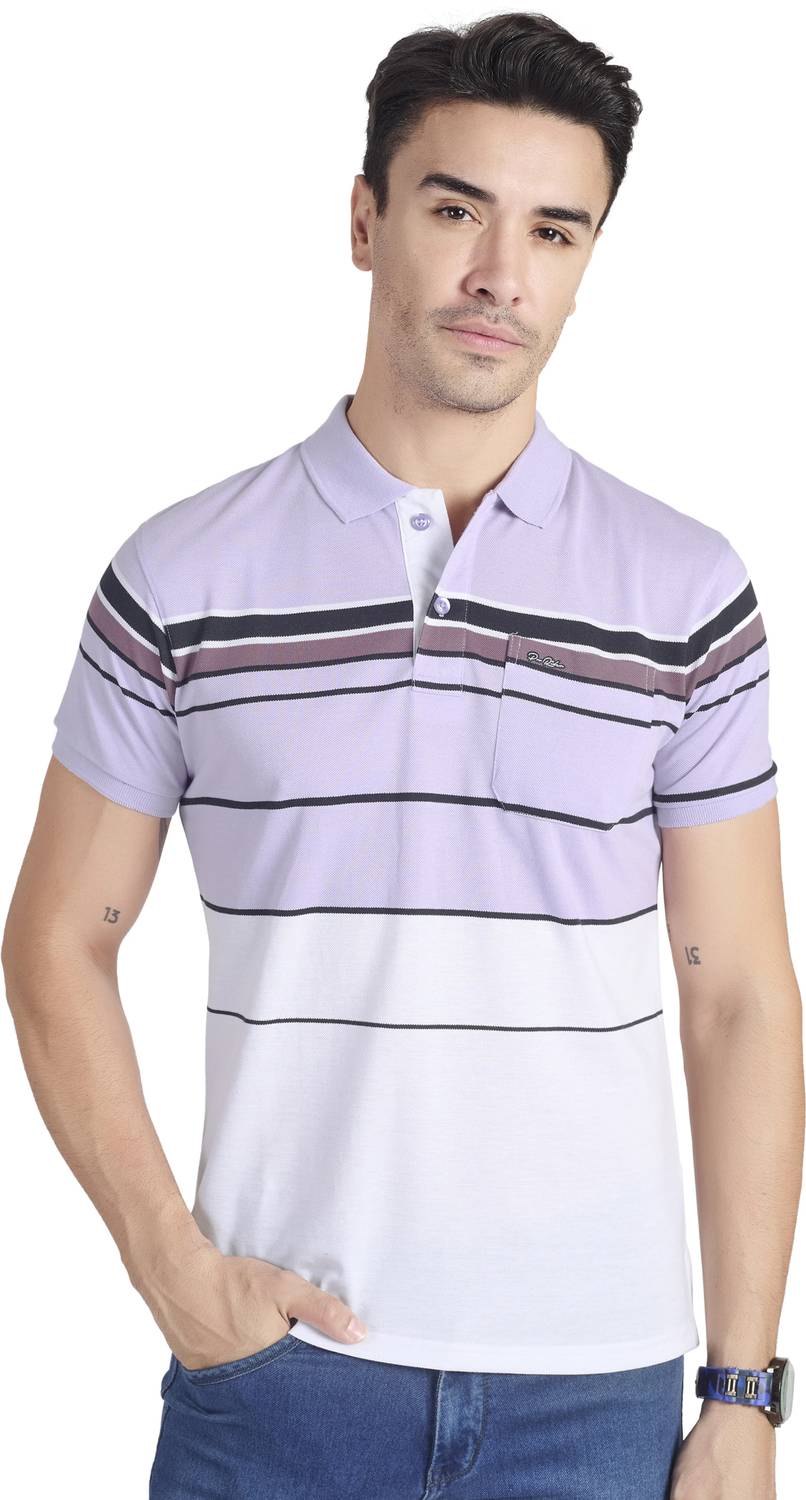 PRORIDERS Men Striped Polo Neck Cotton Blend Purple T-Shirt