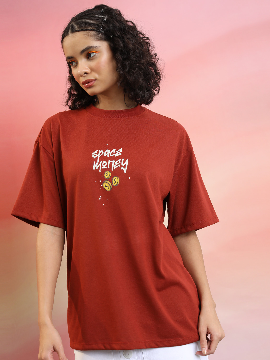 Image of Tokyo Talkies Printed, Typography Women Round Neck Brown T-Shirt