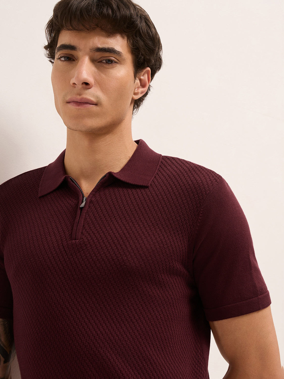 Image of THE BEAR HOUSE Self Design Men Polo Neck Maroon T-Shirt