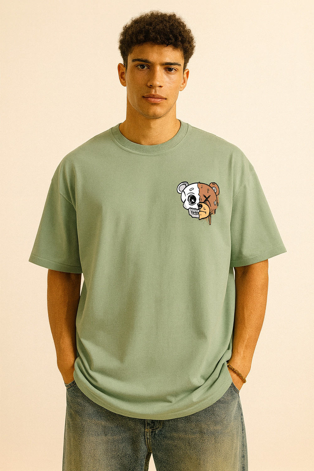Image of Madilyn Printed Men Round Neck Black, Light Green T-Shirt
