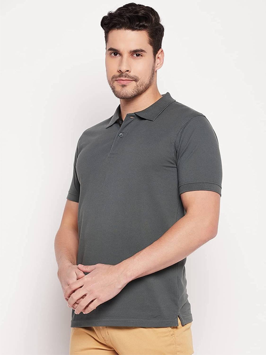 Polo Plus Men Solid Polo Neck Pure Cotton Grey T-Shirt