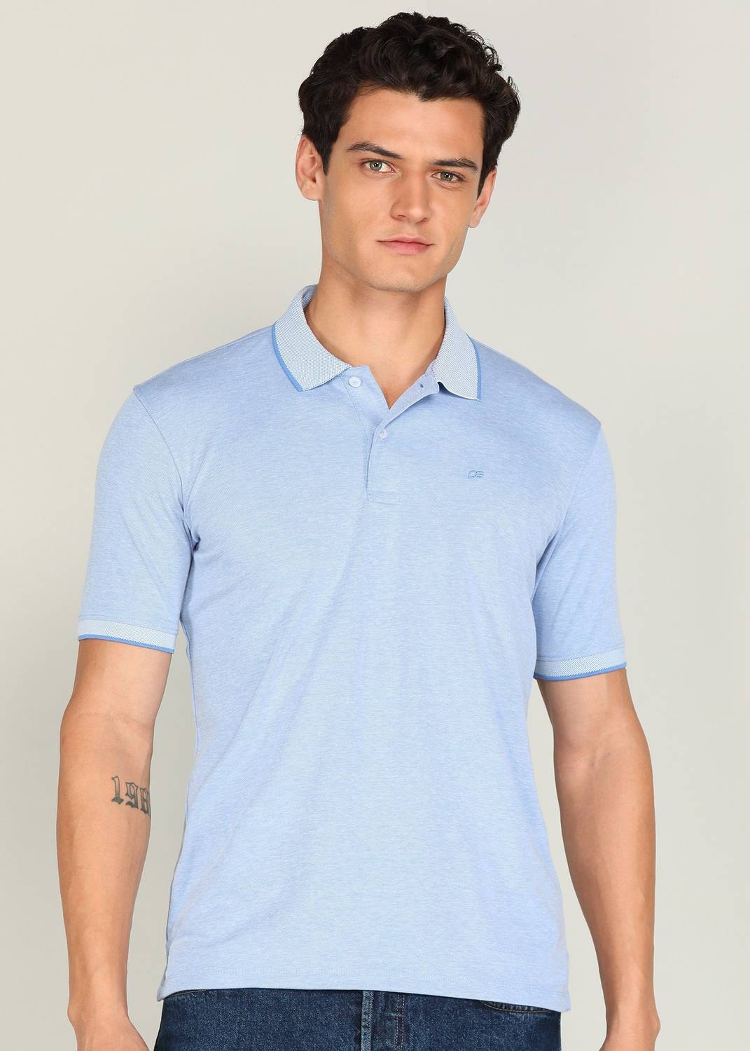 PETER ENGLAND Men Checkered Polo Neck Polycotton Blue T-Shirt