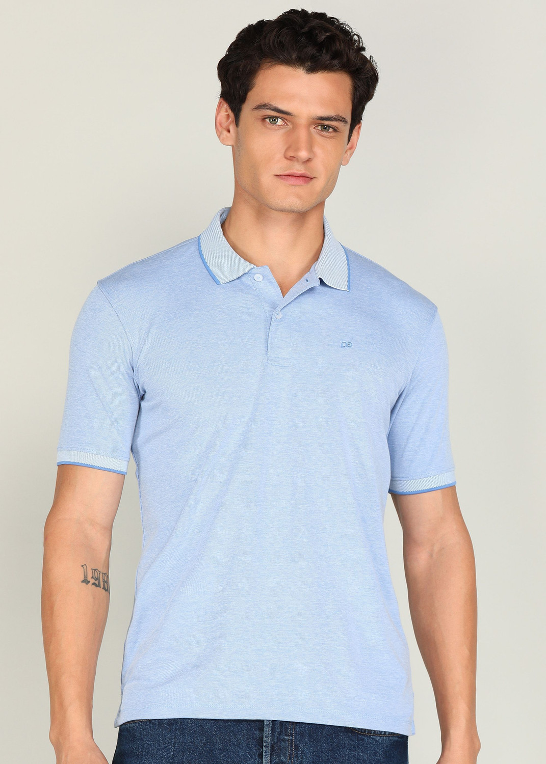 Image of PETER ENGLAND Checkered Men Polo Neck Blue T-Shirt