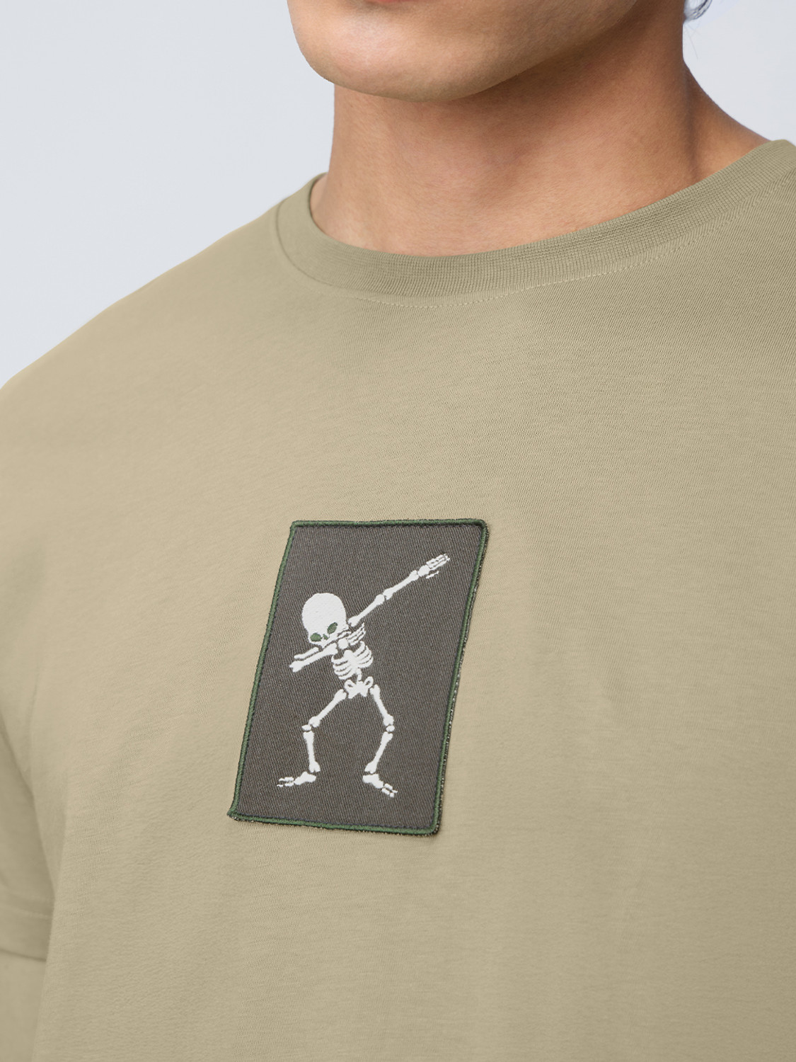 Image of The Souled Store Embroidered Men Round Neck Beige T-Shirt