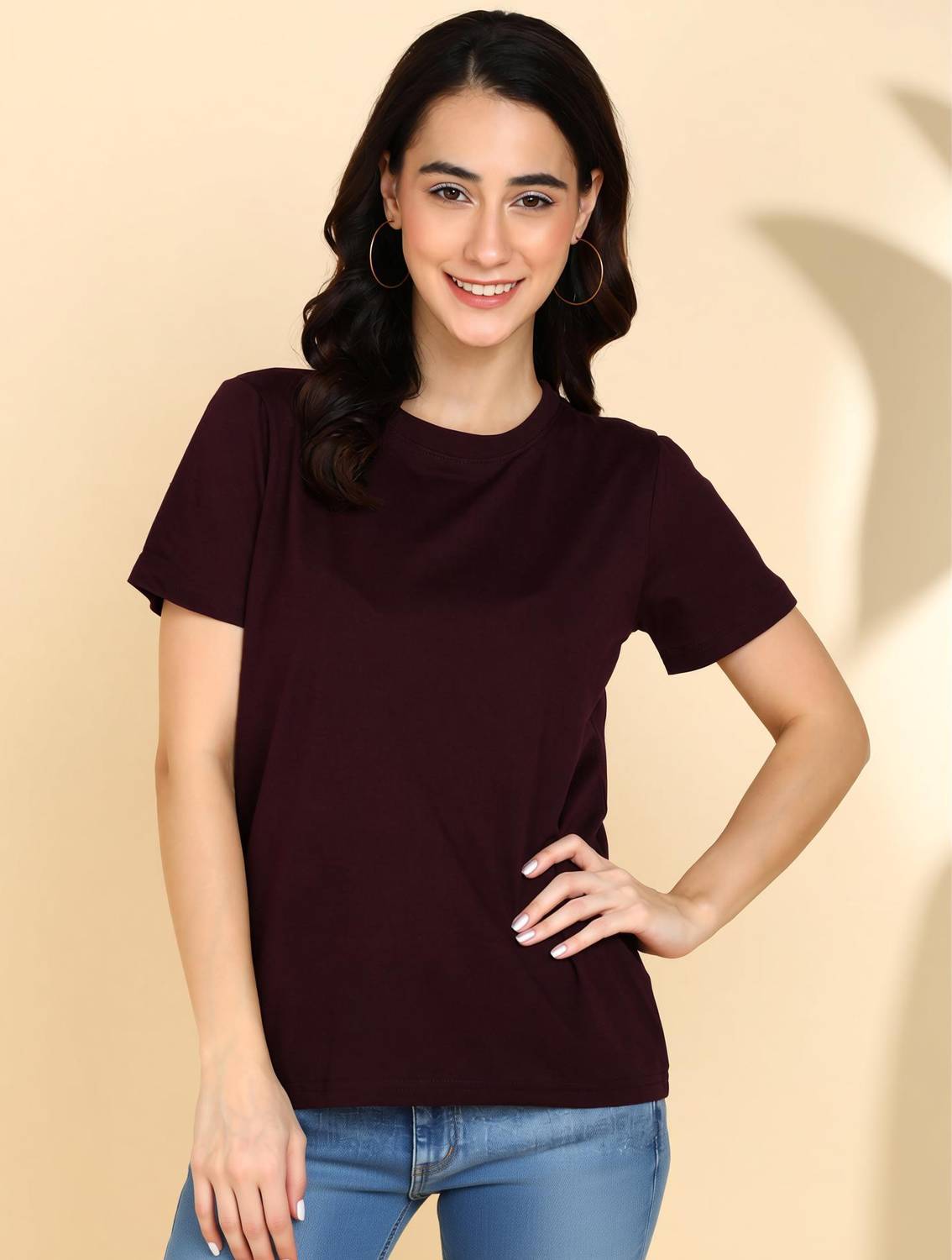 Adyavastram Solid Women Round Neck Maroon T-Shirt