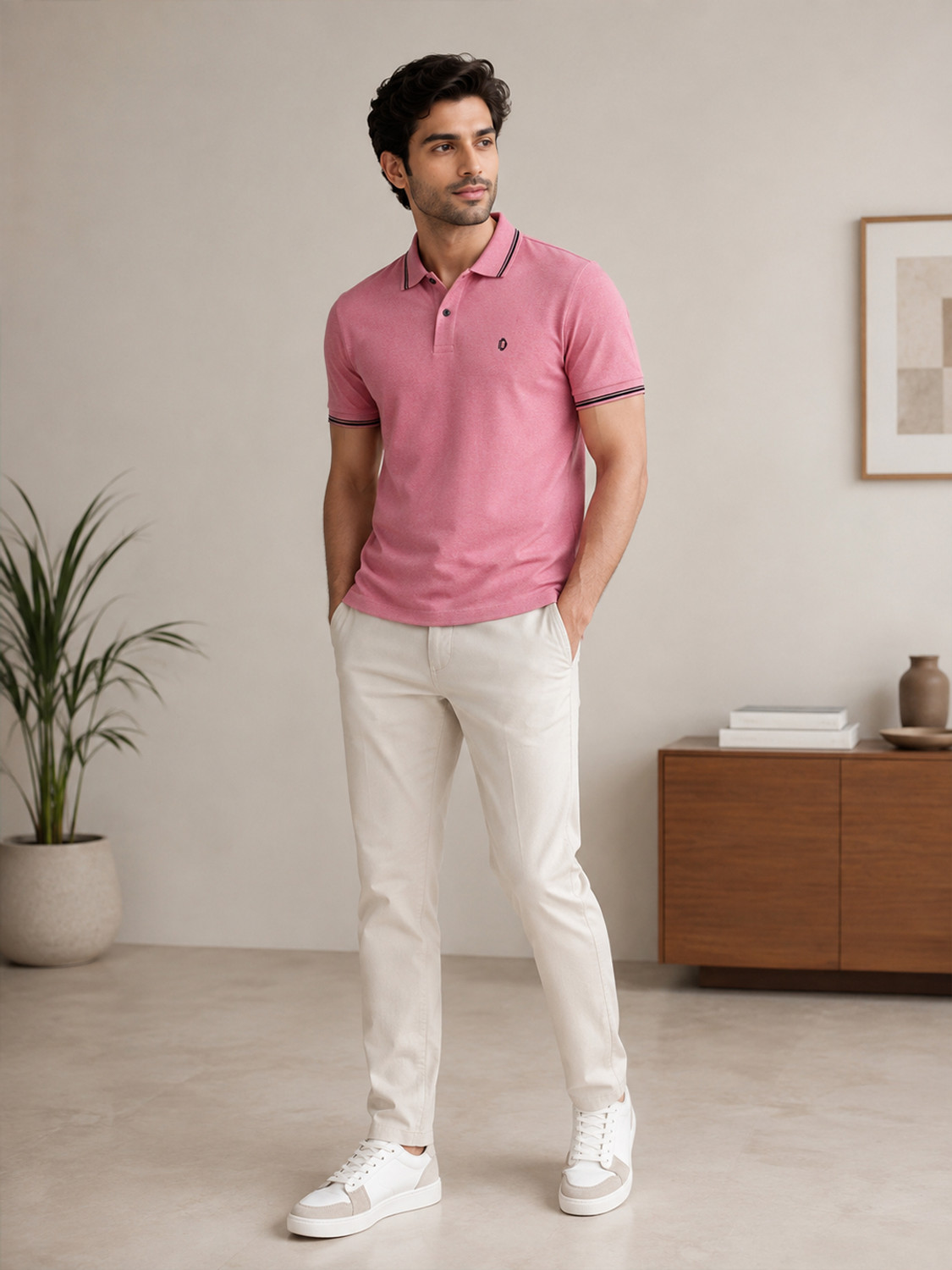 Image of Dollar Solid Men Polo Neck Pink T-Shirt