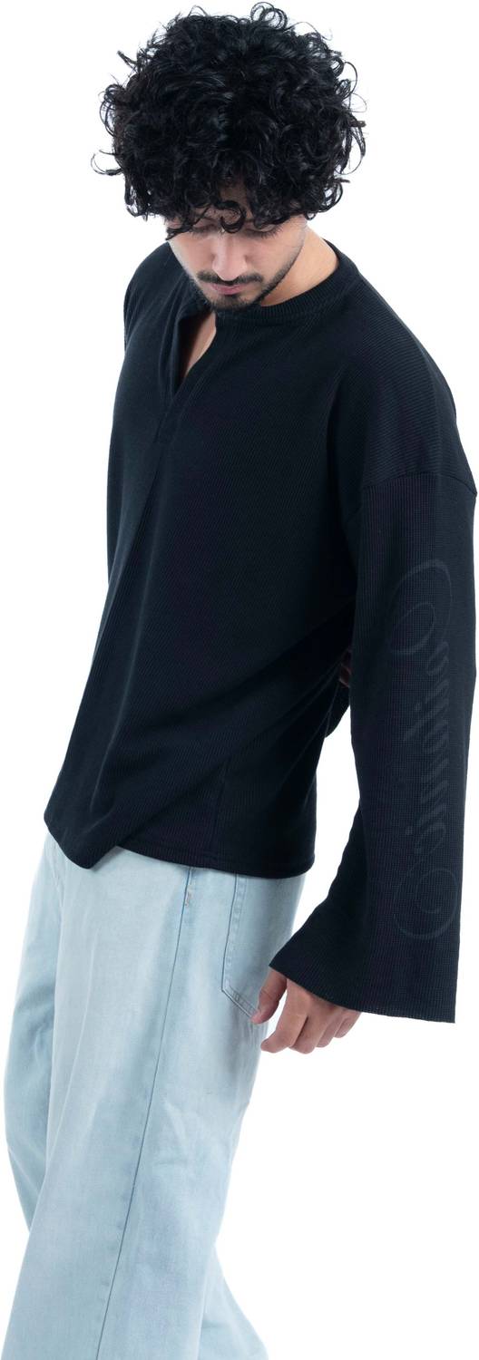 COITONIC Men Mandarin Collar Black T-Shirt - Image 2
