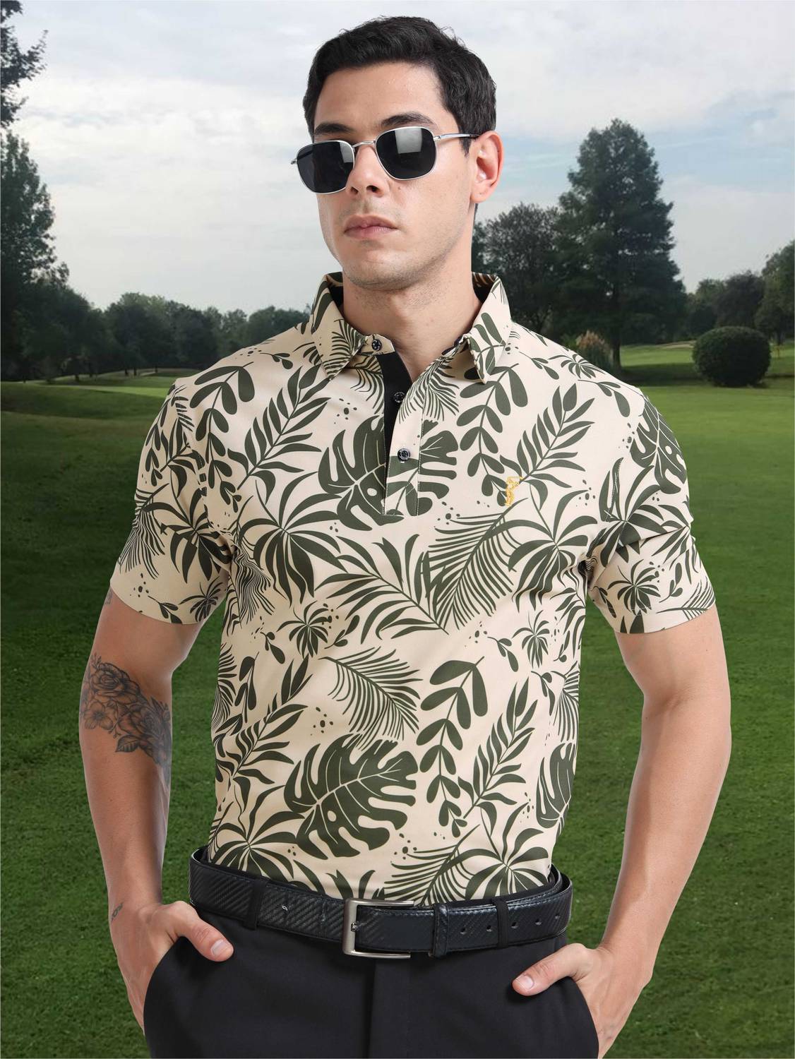 Stellers Men Printed Polo Neck Polyester Beige T-Shirt