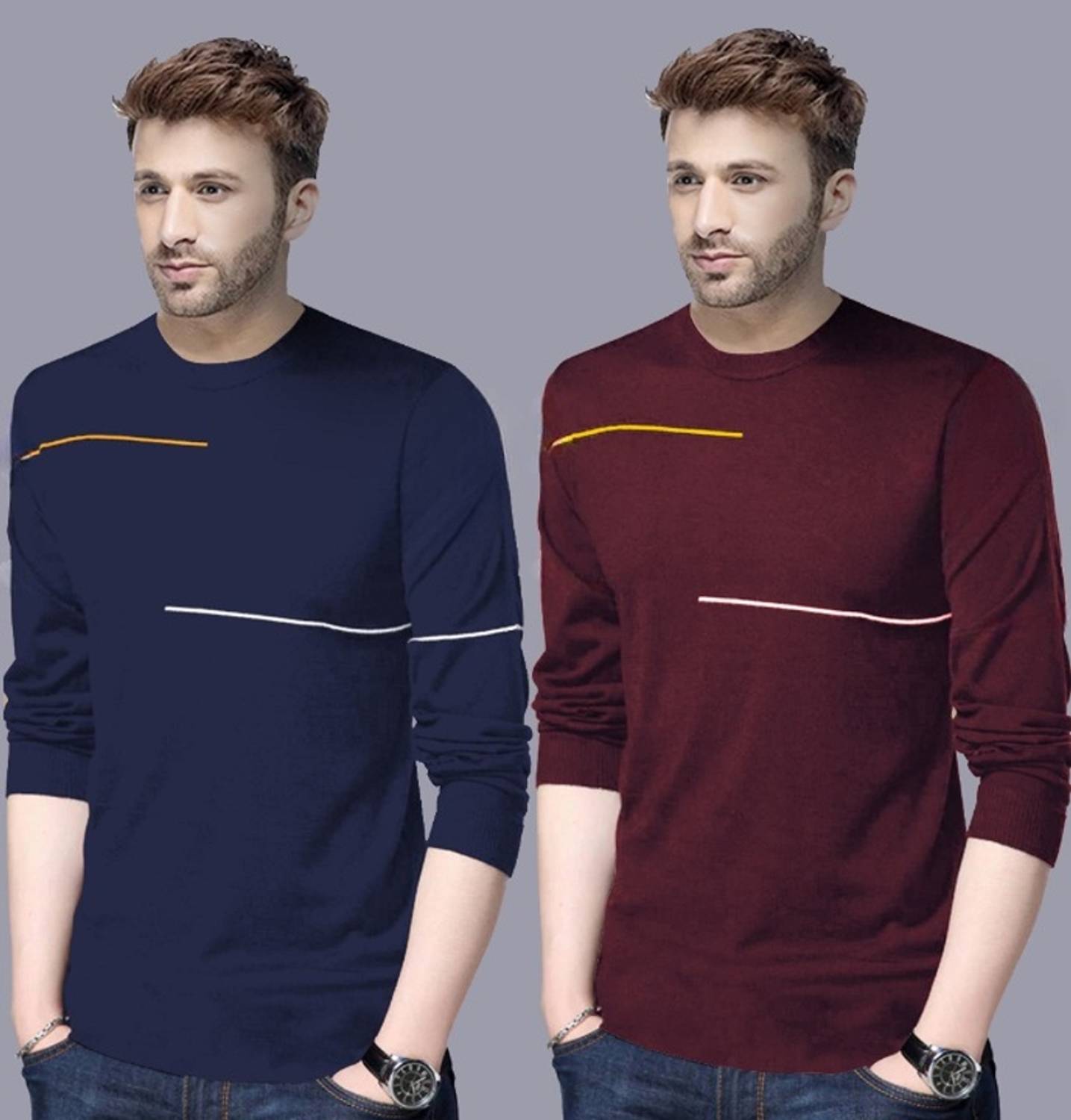 Reya Pack of 2 Men Striped Round Neck Cotton Blend Gold T-Shirt