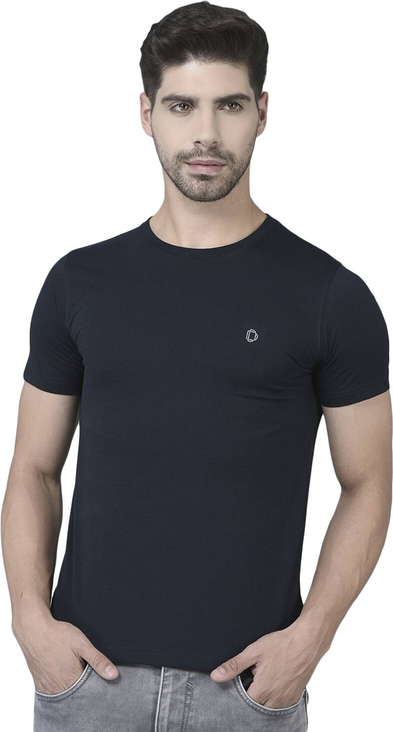 Dollar Men Solid Round Neck Cotton Blend Navy Blue T-Shirt