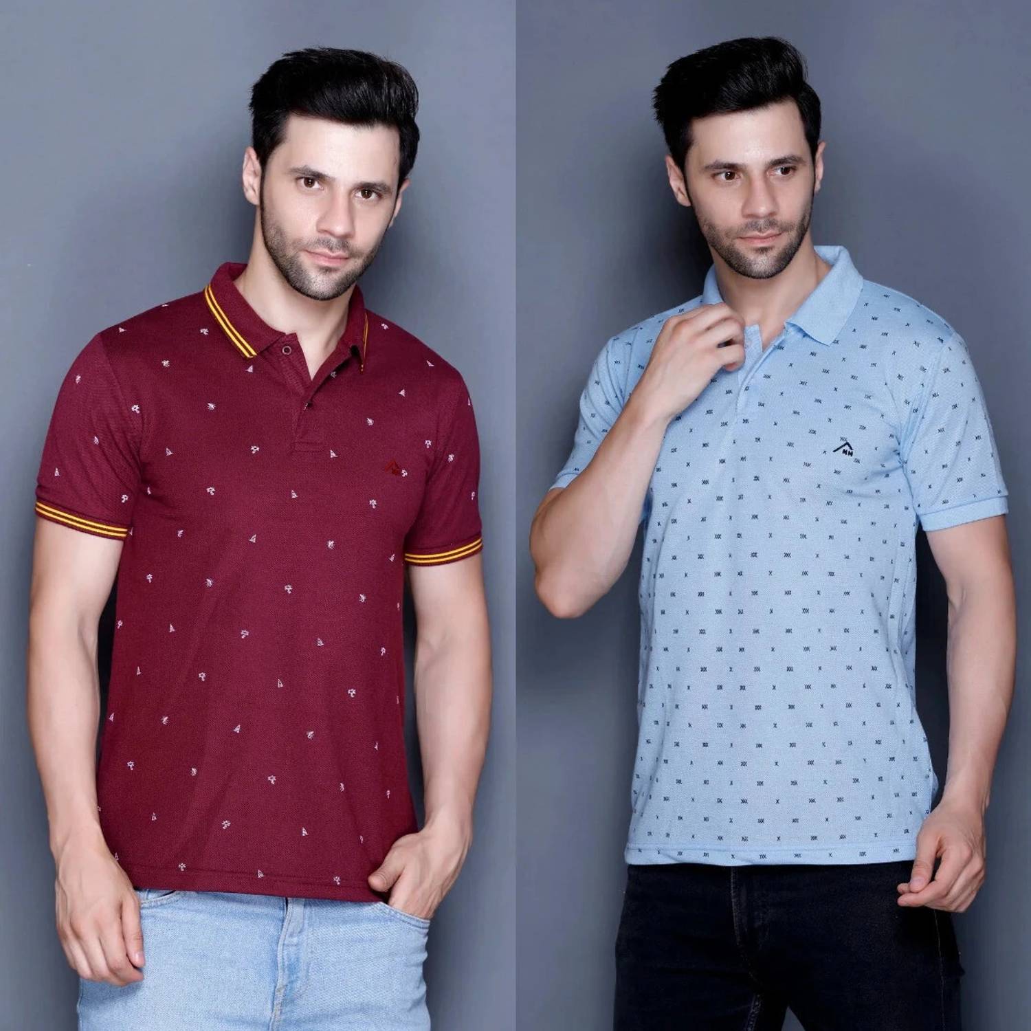 MELLOWMEN Pack of 2 Men Polka Print, Printed Polo Neck Cotton Ble