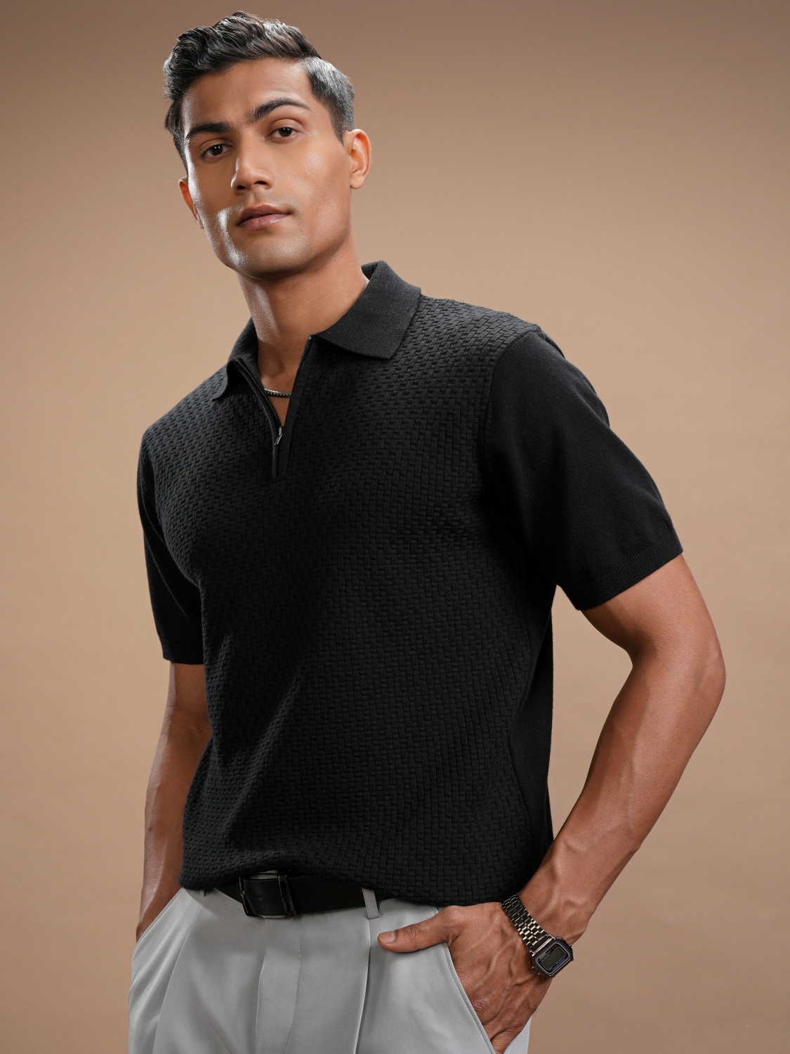 Image of HIGHLANDER Self Design Men Polo Neck Black T-Shirt