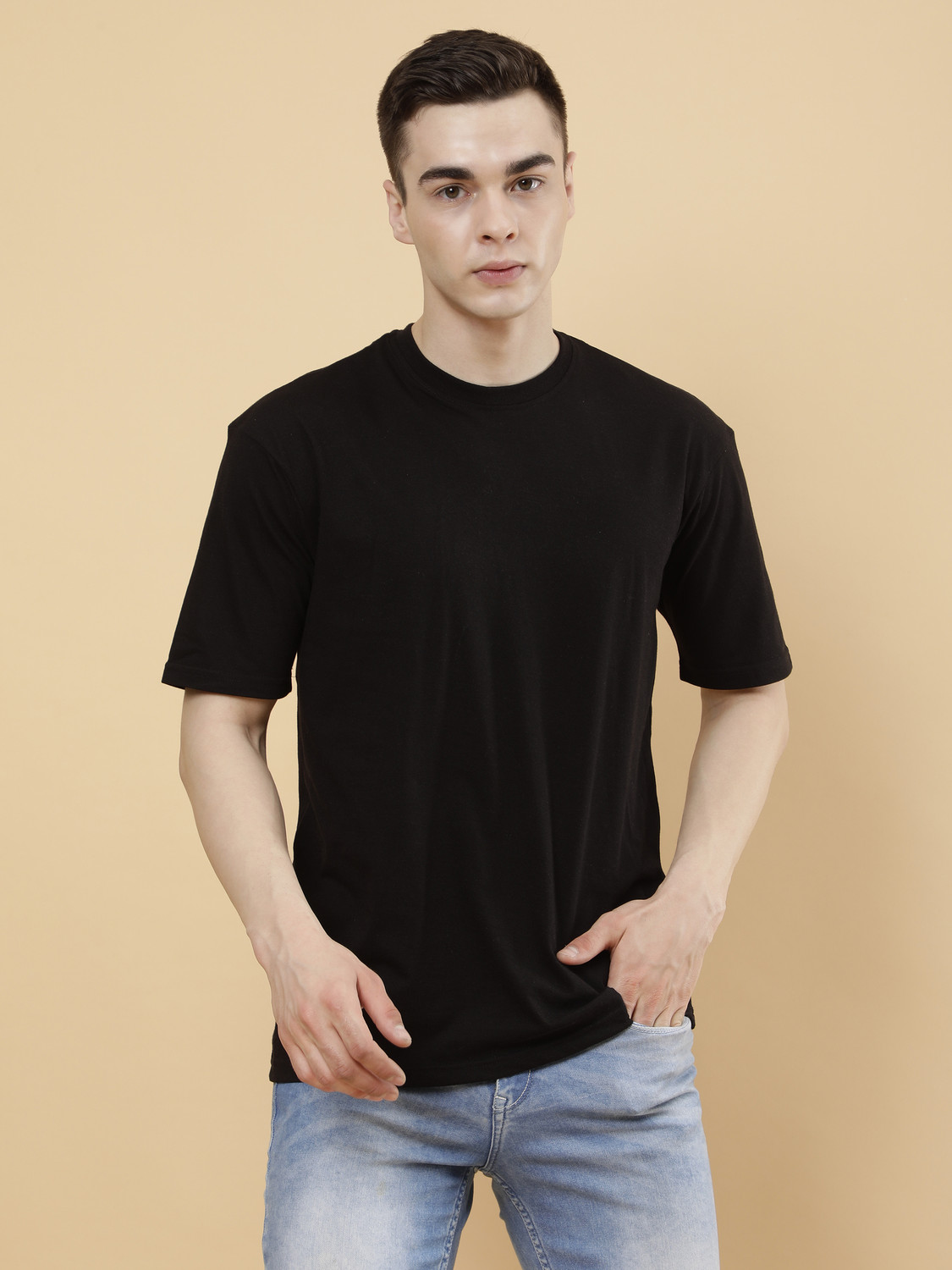 Image of PockMAN Solid Men Round Neck Black T-Shirt