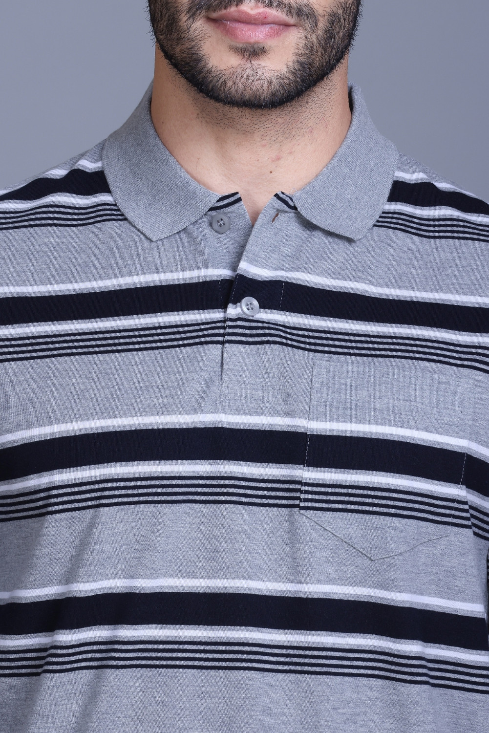 Image of SANE ORIGINALS Striped Men Polo Neck Grey T-Shirt
